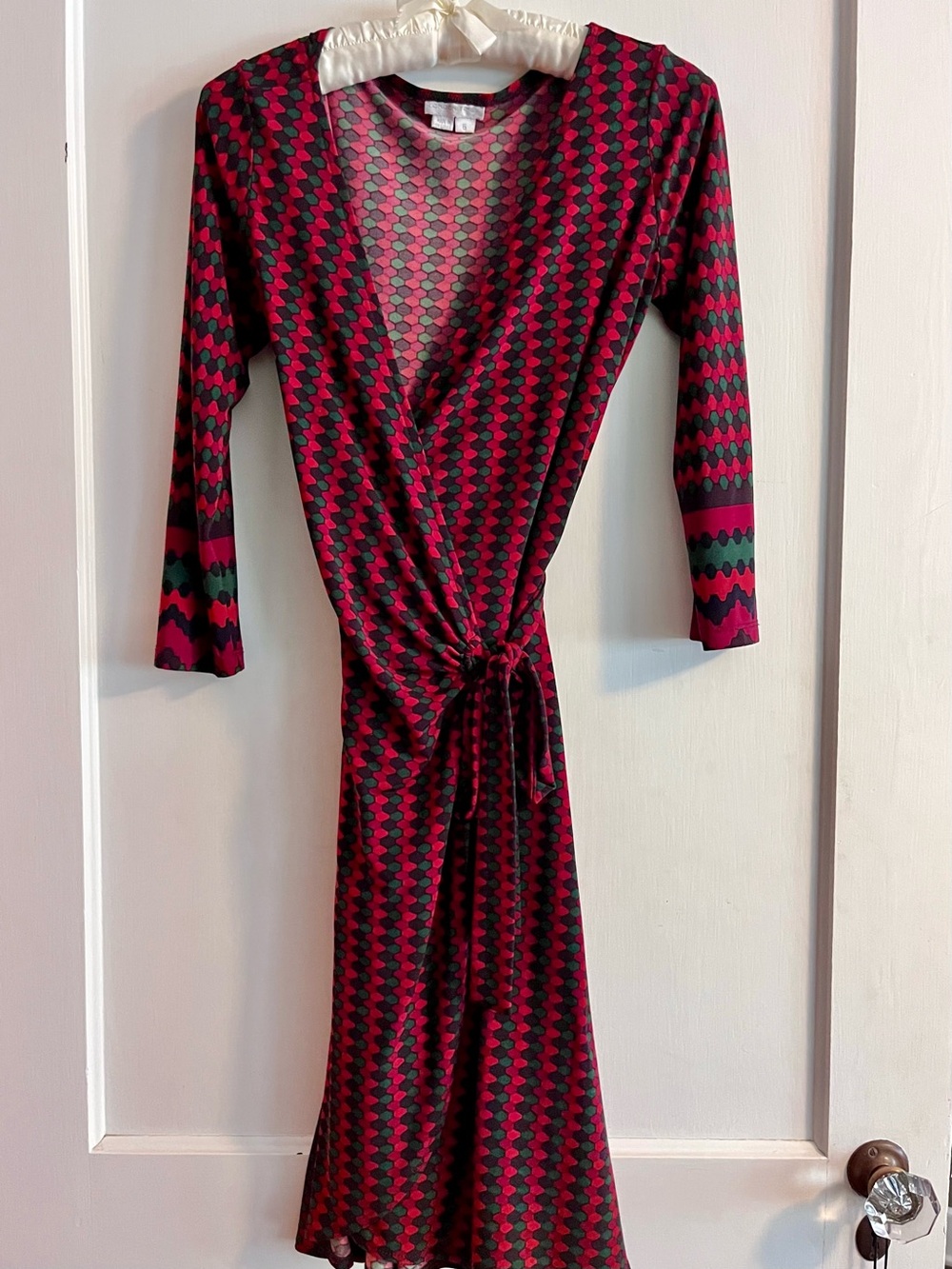 London Times Red, Green & Brown Hexagon Print Real Wrap Dress Geometric Holiday